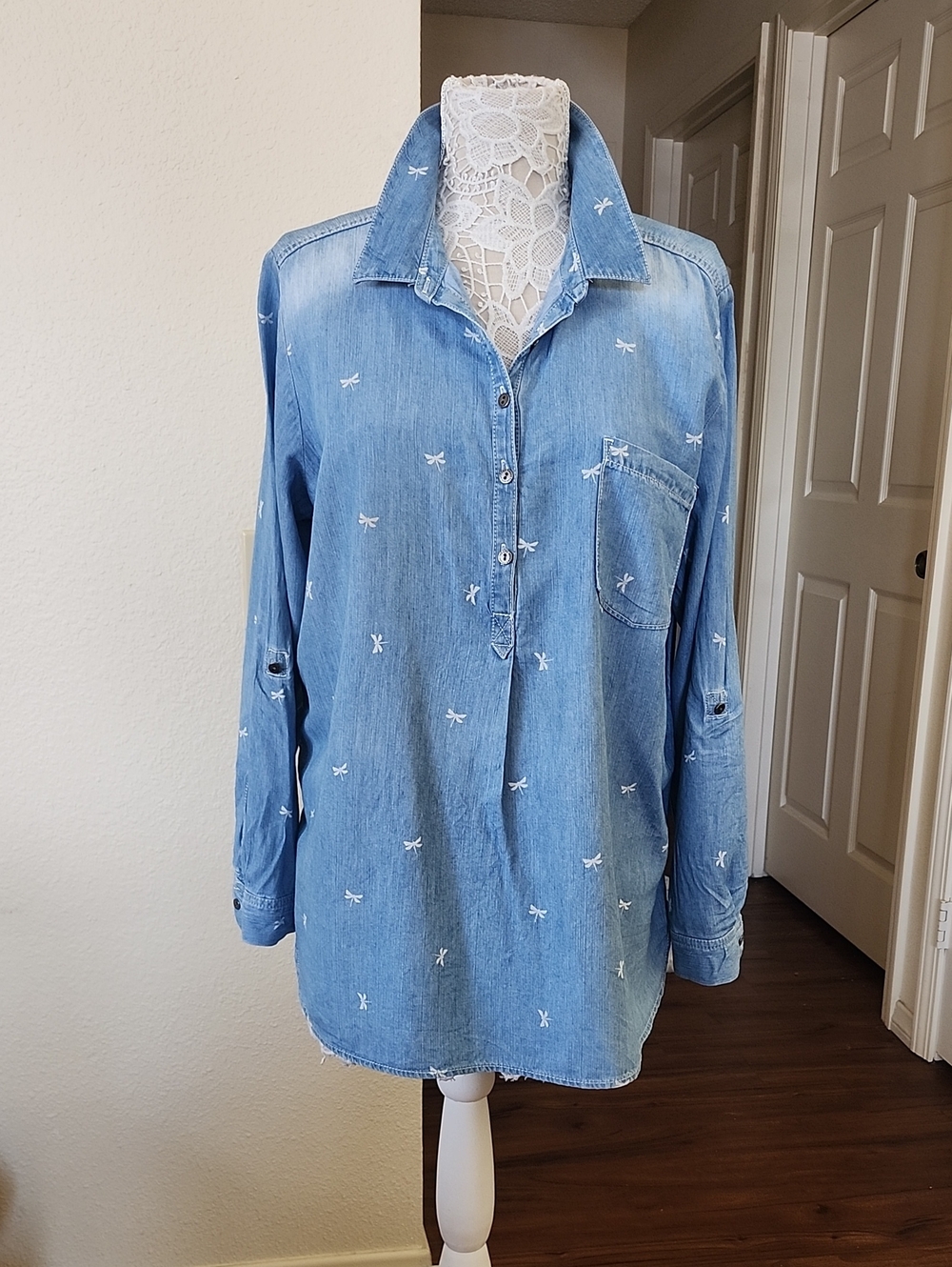 Boho Inspired Americana Cotton Blend Blue Tunic with Dragonfly Detail Size XL